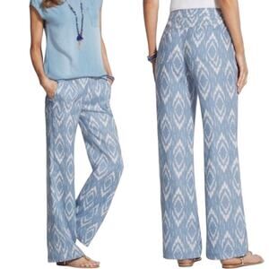 Chico's Sz 2 Large / 12 Blue 100% Linen Ikat Pants Coastal Beachy Lightweight